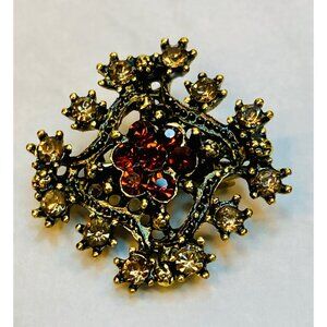 Vintage Gold-Tone Rhinestone Brooch With Red & Clear Accent Stones -113